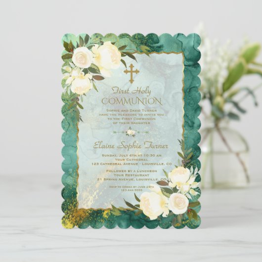 Invitation Fleurs de crème blanche chic Gold Première communi (Debout devant)