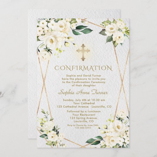 Invitation Fleurs de crème blanche de luxe Confirmation Gold  (Devant / Derrière)