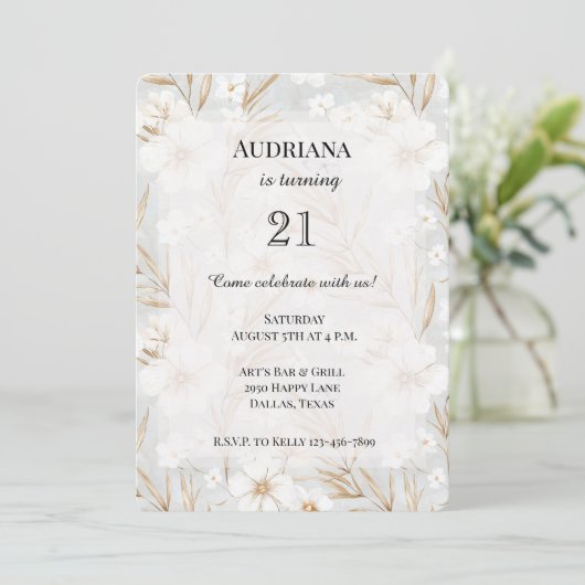 Invitation Fleurs de crème blanche Papillons bleus Anniversai (Debout devant)