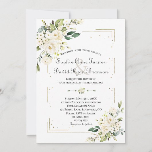 Invitation Fleurs de crème blanche Parties scintillant or Mar (Devant)