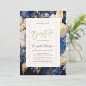 Invitation Fleurs de crème bleue marine Baptême (Debout devant)