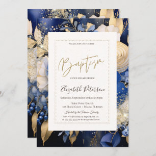 Invitation Fleurs de crème bleue marine Baptême