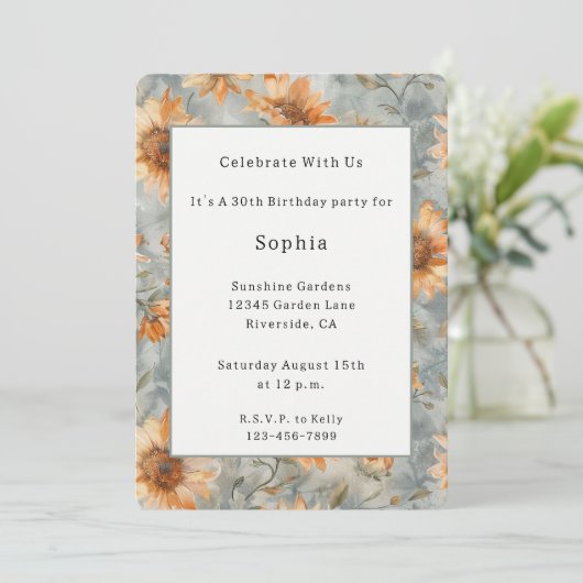 Invitation Fleurs de crème orange bleu Anniversaire (Debout devant)