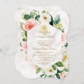Invitation Fleurs de crème rose Frame Marbre Sainte Communion (Devant / Derrière)
