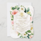 Invitation Fleurs de crème rose Frame Marbre Sainte Communion (Devant)