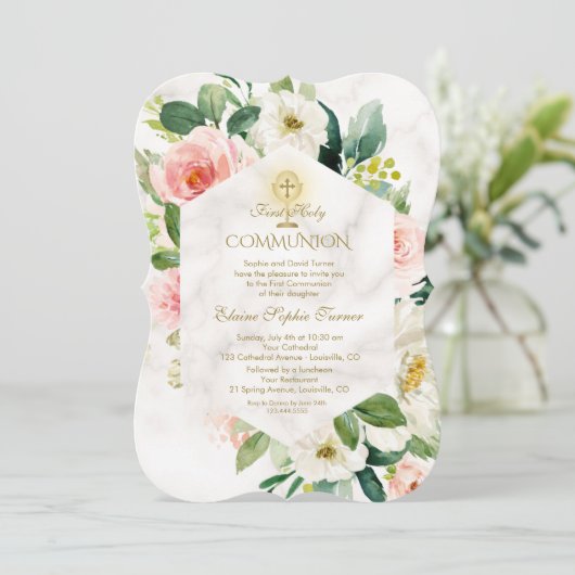 Invitation Fleurs de crème rose Frame Marbre Sainte Communion (Debout devant)