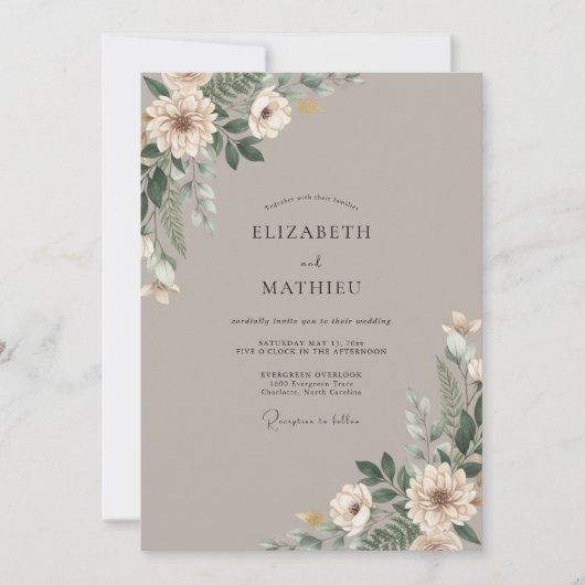 Invitation Fleurs de Crème Taupe Mariage (Devant)