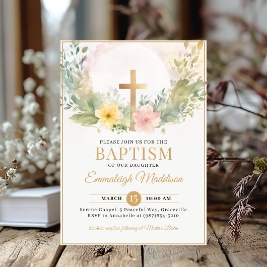 Invitation Fleurs de croix dorée baptême ou baptême