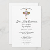 Invitation Fleurs de Croix en bois Première communion Invitat (Devant / Derrière)