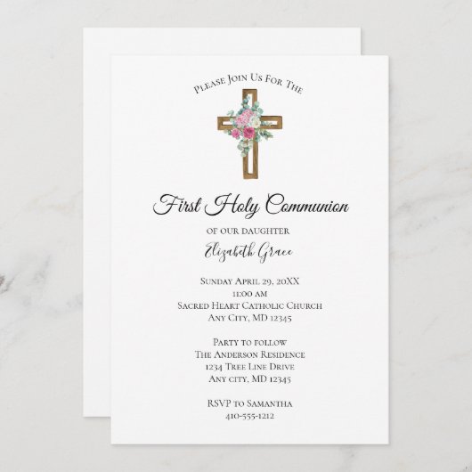Invitation Fleurs de Croix en bois Première communion Invitat (Devant / Derrière)