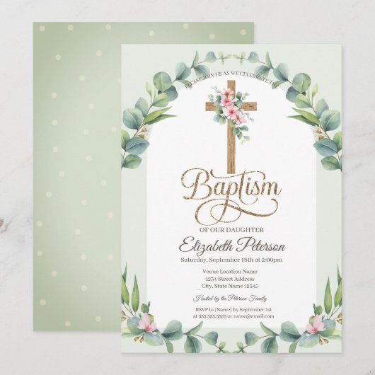 Invitation Fleurs de Croix Florales Points Polka (Devant / Derrière)