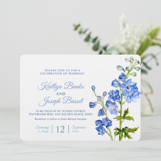 Invitation Fleurs de Delphinium bleu aquarelle art mariage (Debout devant)