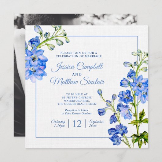 Invitation Fleurs de Delphinium bleu aquarelle art mariage (Devant / Derrière)