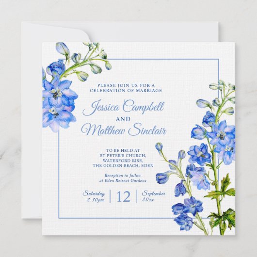 Invitation Fleurs de Delphinium bleu aquarelle art mariage (Devant)