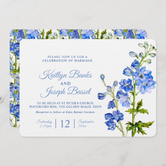Invitation Fleurs de Delphinium bleu aquarelle art mariage (Devant / Derrière)