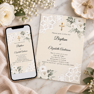 Invitation Fleurs de dentelle crème Baptême