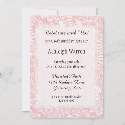 Invitation Fleurs de dentelle rose 16e anniversaire (Dos)