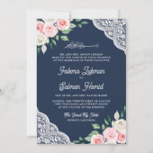Invitation Fleurs de dentelle rose Code QR bleu marine Mariag (Devant)