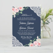 Invitation Fleurs de dentelle rose Code QR bleu marine Mariag (Debout devant)
