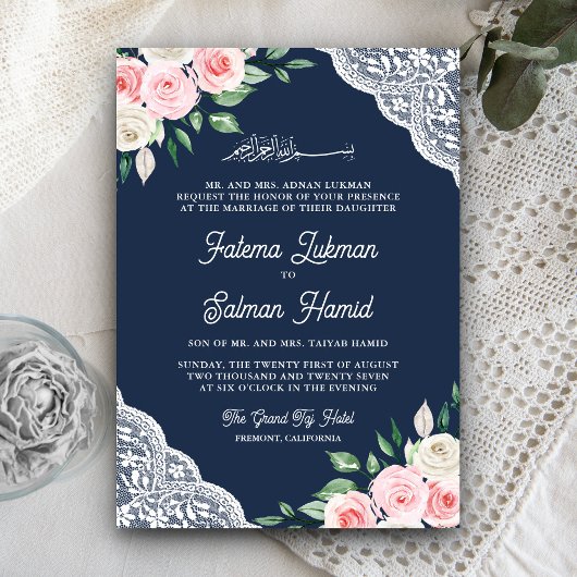 Invitation Fleurs de dentelle rose Code QR bleu marine Mariag