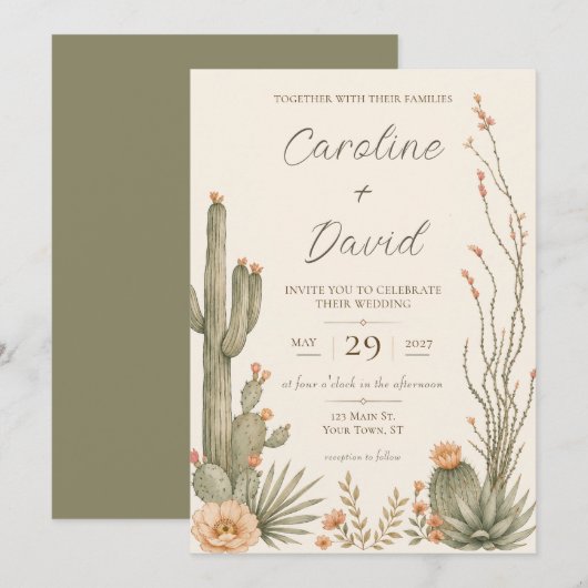 Invitation Fleurs de désert de Cactus Floral Mariage (Devant / Derrière)
