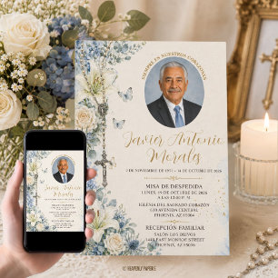 Invitation Fleurs de deuil catholiques en bleu poussiéreux et