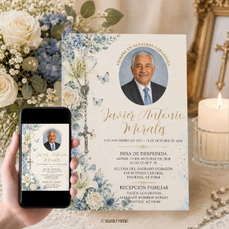 Invitation Fleurs de deuil catholiques en bleu poussiéreux et