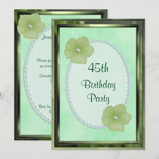 Invitation Fleurs de diamant vert et perles 45e anniversaire (Devant / Derrière)