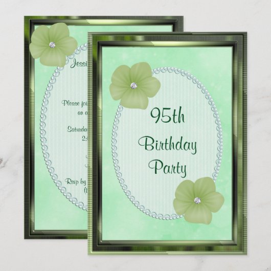 Invitation Fleurs de diamant vert et perles 95e anniversaire (Devant / Derrière)