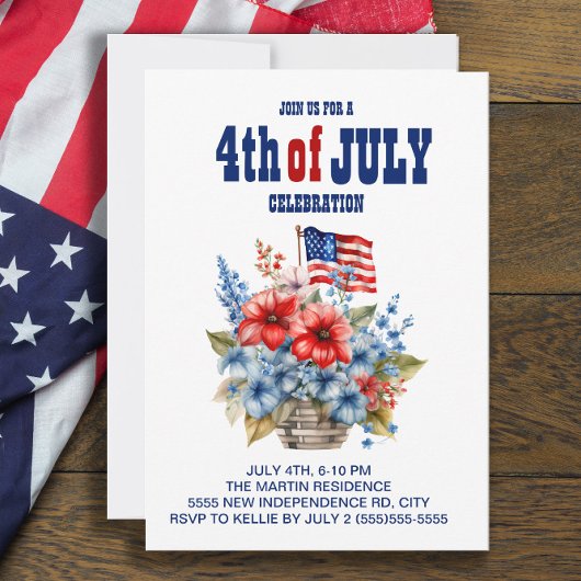 Invitation Fleurs de drapeau bleu blanc rouge 4 juillet