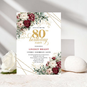 Invitation Fleurs de eucalyptus dorées profond rouge élégant