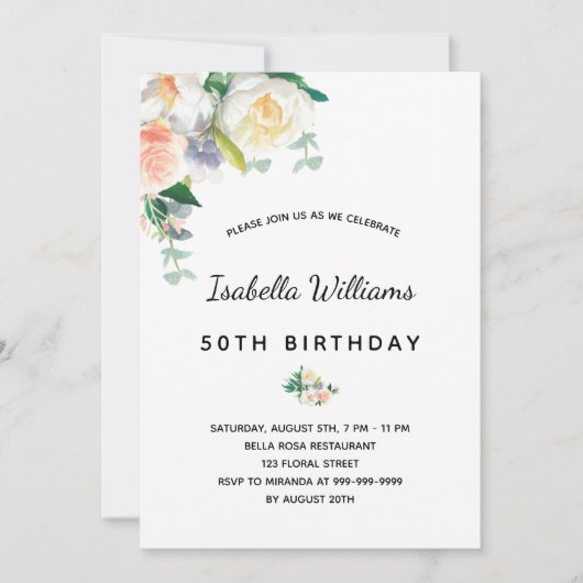 Invitation Fleurs de fête d'anniversaire blanc rose or rose r (Devant)