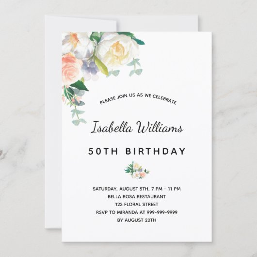 Invitation Fleurs de fête d'anniversaire blanc rose or rose r (Devant)
