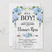 Invitation Fleurs de Fête de Bébé Floral Bleu Rustique Garçon (Devant)