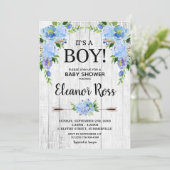 Invitation Fleurs de Fête de Bébé Floral Bleu Rustique Garçon (Debout devant)