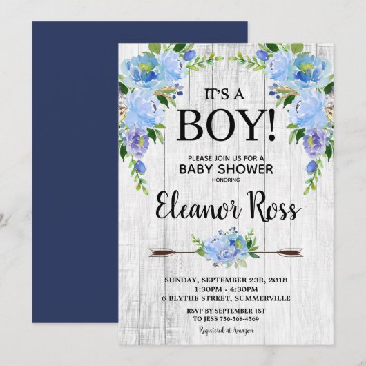 Invitation Fleurs de Fête de Bébé Floral Bleu Rustique Garçon (Devant / Derrière)