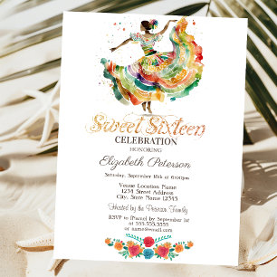 Invitation Fleurs de fête de Señorita mexicaine noire 16 ans