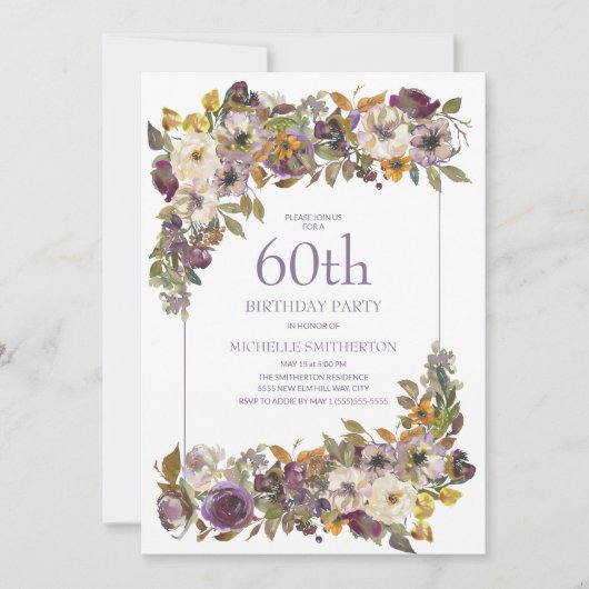 Invitation Fleurs de feuillage jaune ivoire violet 60 ans (Devant)