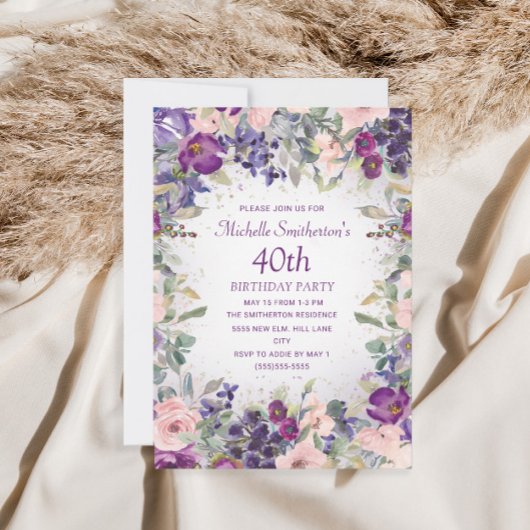 Invitation Fleurs de feuillage rose violet pour 40e anniversa