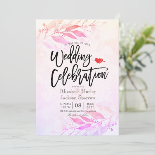 Invitation Fleurs de feuilles aquarelles magenta Botanique Ma (Debout devant)