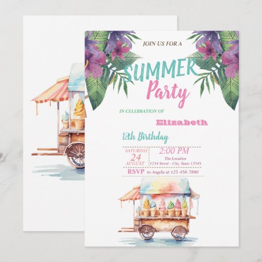 Invitation Fleurs de feuilles de palmier Glaces Fête d'annive (Devant / Derrière)