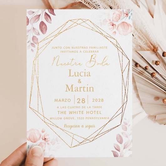 Invitation Fleurs de feuilles florales rose rose or espagnol