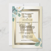 Invitation Fleurs de feuilles vertes Cadre doré Mariage éléga (Devant)