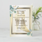 Invitation Fleurs de feuilles vertes Cadre doré Mariage éléga (Debout devant)