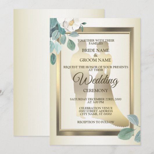 Invitation Fleurs de feuilles vertes Cadre doré Mariage éléga (Devant / Derrière)