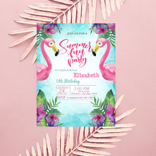 Invitation Fleurs de Flamants Roses Fête d'anniversaire d'été
