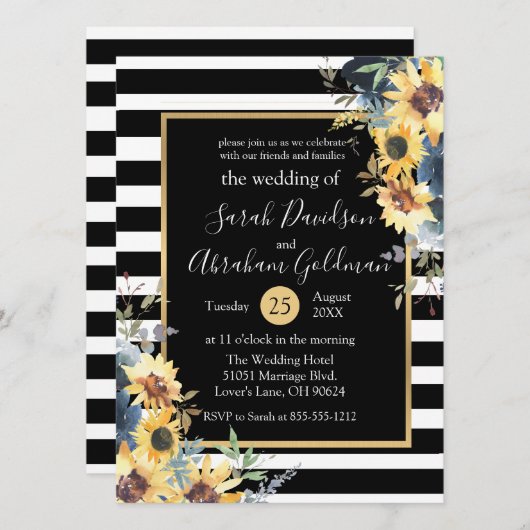 Invitation Fleurs de Fleurs de Fleurs de Soleil Noir et Blanc (Devant / Derrière)