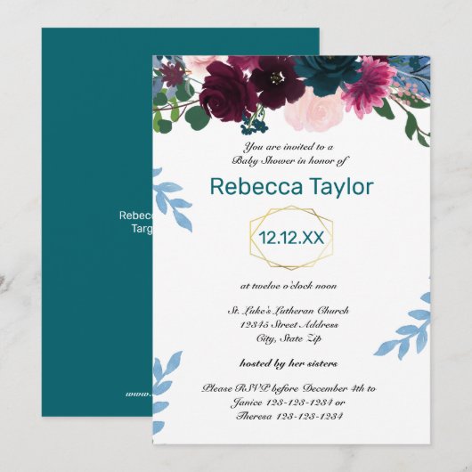 Invitation Fleurs de Floraison Sarcelle Vertical - Baby Showe (Devant / Derrière)