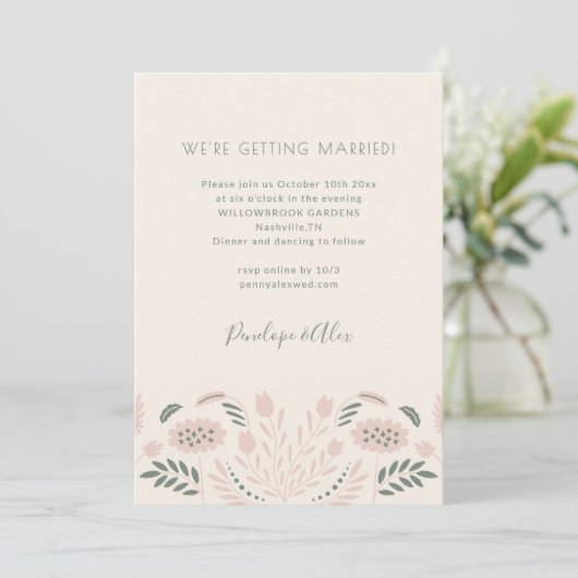 Invitation Fleurs de Folk Scandi Simples Mariage Rose Sauge (Debout devant)