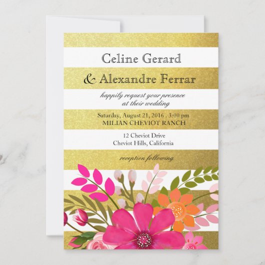 Invitation Fleurs de folklore rayées de feuille d'or Mariage  (Devant)